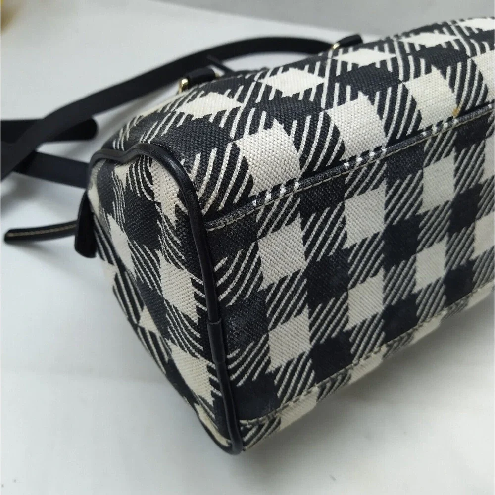Dooney & Bourke Black White Checker Canvas Leather Trim Top Handle Satchel Bag